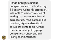 Student message screenshot recommending Rohan's GAMSAT essay approach.