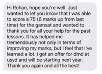 Student message screenshot saying they scored 75 and received a DMD offer.