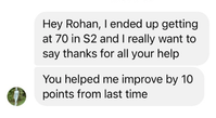 Student message screenshot saying they improved by 10 points from last time.