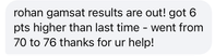 Student message screenshot saying they improved from 70 to 76.